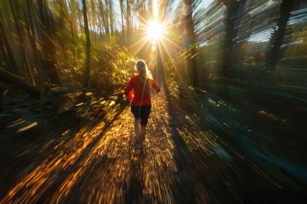 Lady trail runner running on forest path at dawn with abstract bokeh light and motion blur