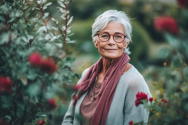 A lady walks among the plants in her garden Ai generated