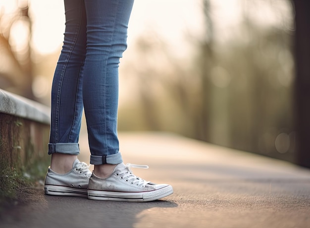 Lady wear in jeans and walking shoes walking on countryside road in sunday under blue sky