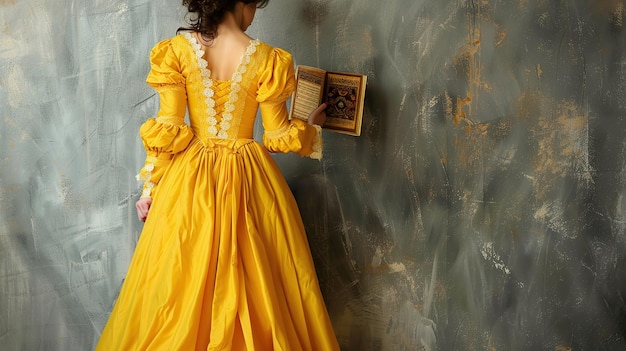 Photo a lady in a yellow dress reading a book