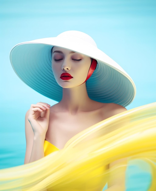 Lady in Yellow Sun Hat on Bright Blue Water AI Generated