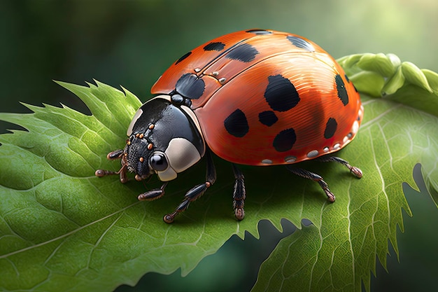 Ladybug crawls on a green leaf ai generative