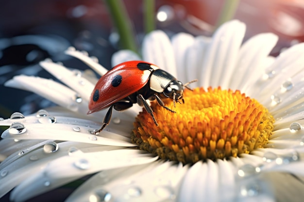 Ladybug on daisy flower and water drops abstract background AI generated