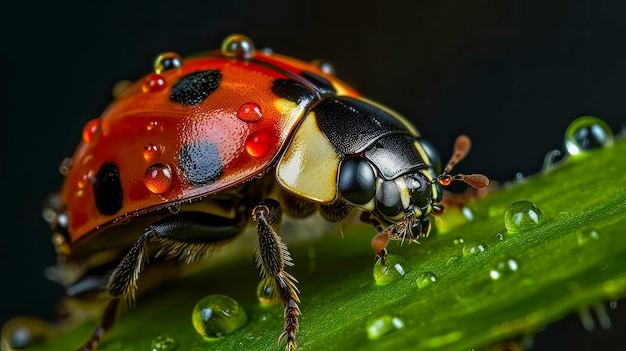 Ladybug in dew drops on leaf closeup idea of macro photography of insects on lawn AI generated