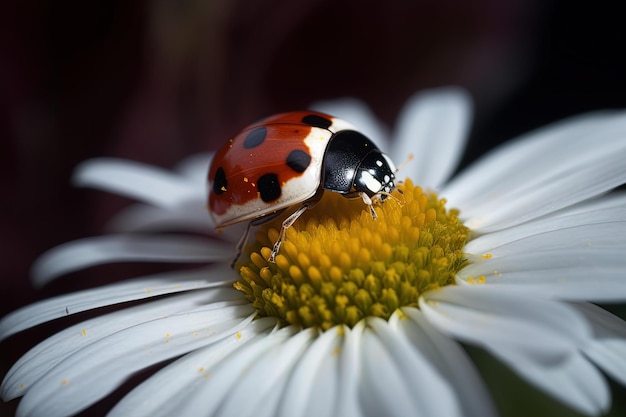 A ladybug on a flower in the dark