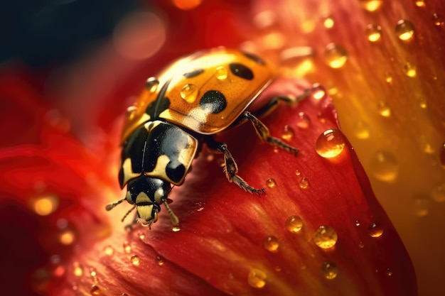 A ladybug on a flower with water droplets Generative AI