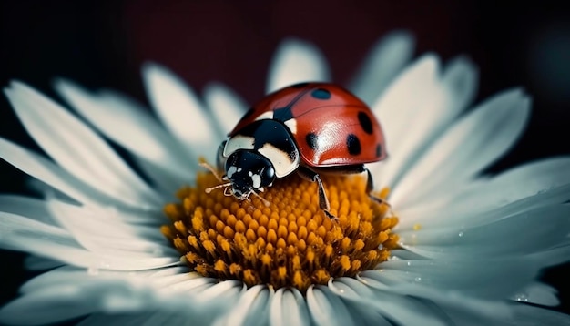 A ladybug on a flower with a white background