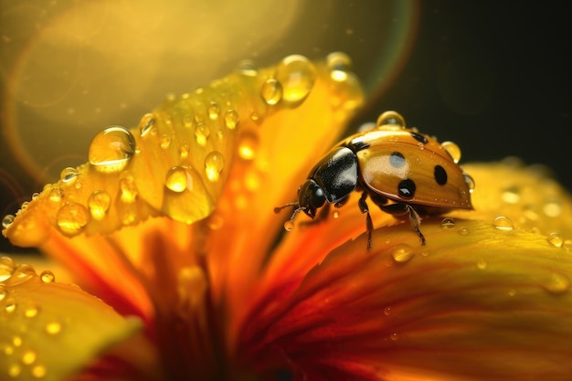 A ladybug on a flower with a yellow background Generative AI