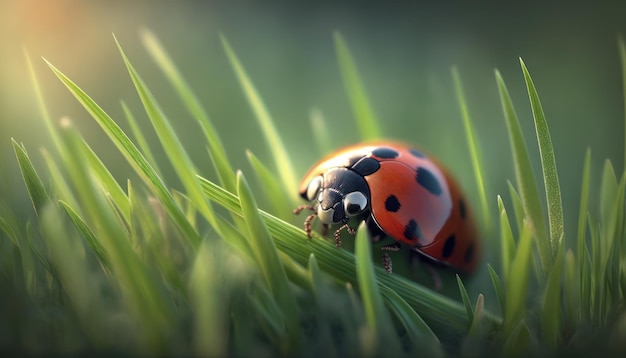 A ladybug on the grass in the sunlight