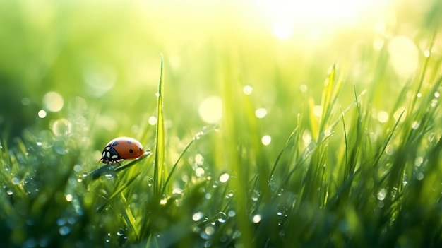 Ladybug on a green grass with dew