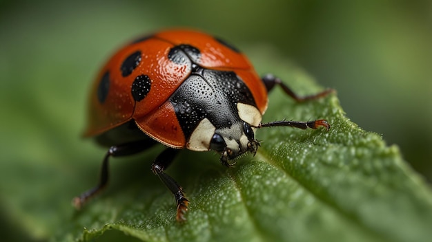 a ladybug on a green leaf with a black spot on its back