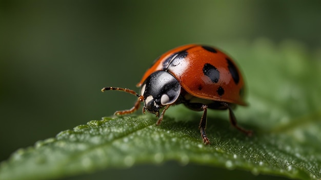 a ladybug on a green leaf with a black spot on its face