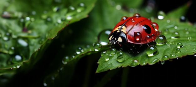 Ladybug on a green leaf with dew Generative AI