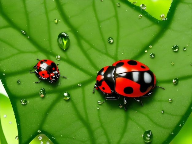 Ladybug on green leaf with water drops Generative AI Illustration