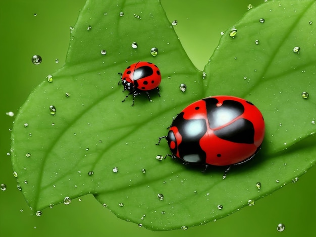 Ladybug on green leaf with water drops Generative AI Illustration