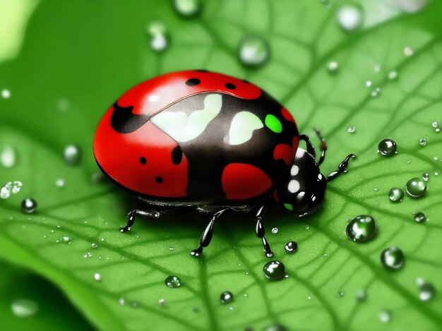 Ladybug on green leaf with water drops Generative AI Illustration