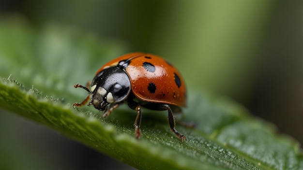 a ladybug on a green leaf