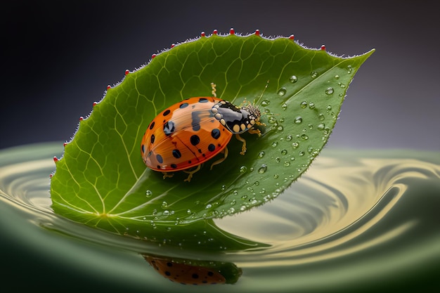 A ladybug inside drop water over the green leaf. AI generated