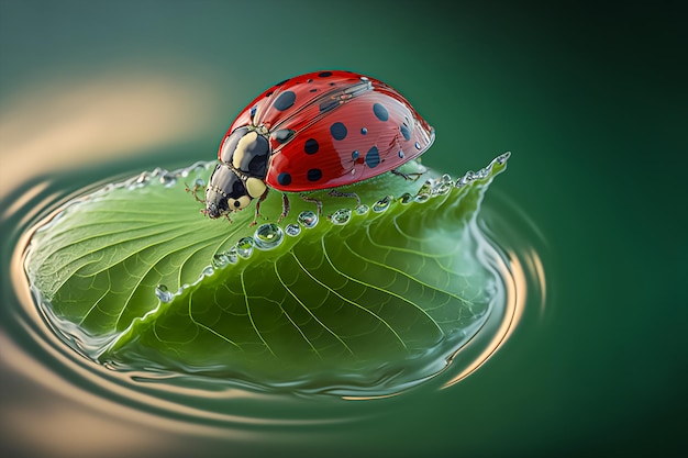 A ladybug inside drop water over the green leaf. AI generated