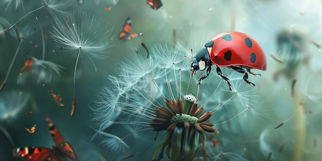 a ladybug is on a flower and is surrounded by a sea of dandelions