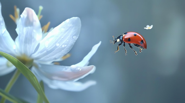 a ladybug is flying in front of a flower