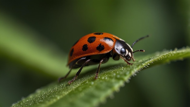 a ladybug is on a green leaf with black spots