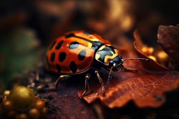 A ladybug is on a leaf in the forest.