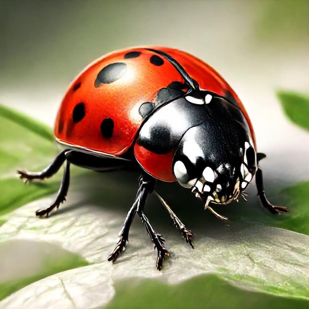 a ladybug is on a leaf with a black spot on its back