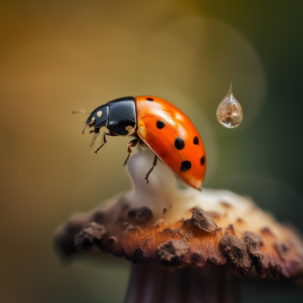 A ladybug is on a mushroom with a drop of water on it.