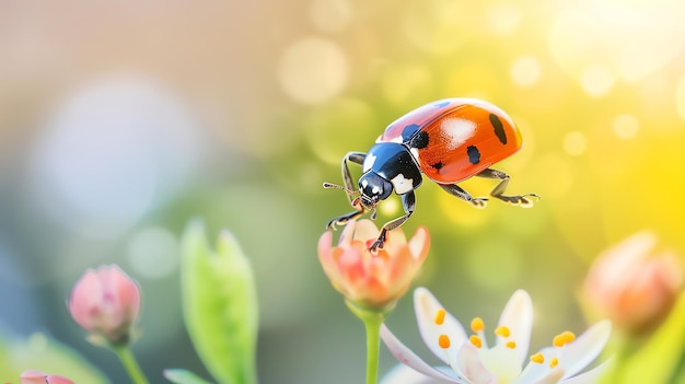 A ladybug is perched on a flower The ladybug is red with black spots The flower is pink and white The background is green