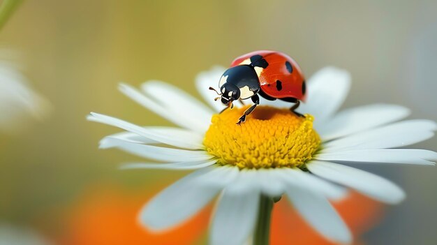 A ladybug is perched on a white daisy The ladybug is red with black spots and the daisy has a yellow center with white petals