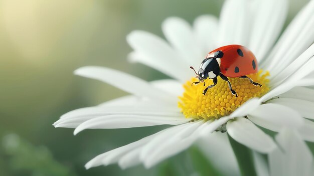 A ladybug is perched on a white daisy The ladybug is red with black spots and the daisy has a yellow center with white petals