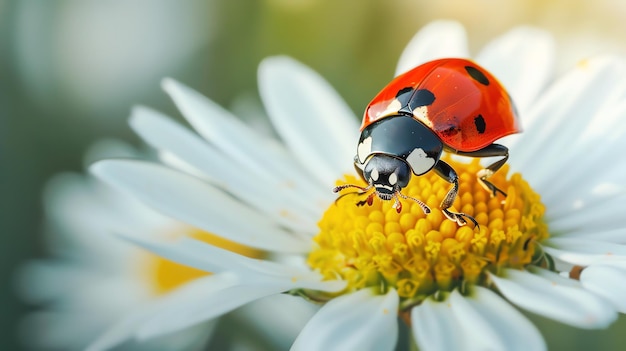 A ladybug is perched on a white daisy The ladybug is red with black spots and the daisy has a yellow center with white petals