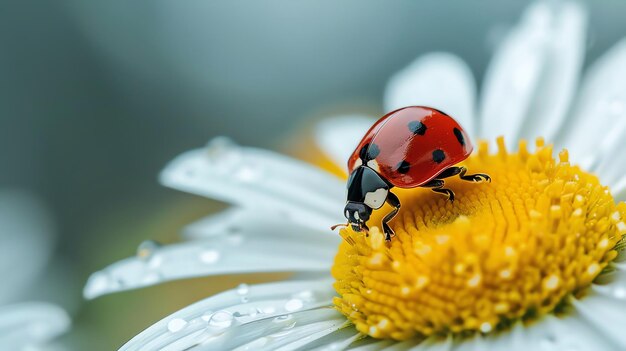 A ladybug is perched on a white daisy The ladybug is red with black spots The daisy has yellow petals and a white center