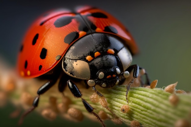 A ladybug is shown on a plant.