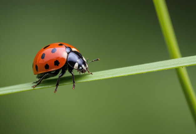 a ladybug is sitting on a blade of grass