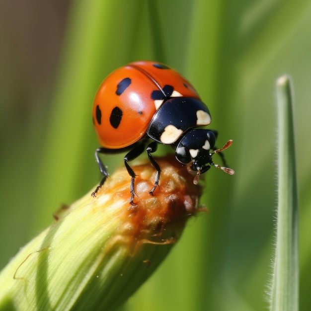 A ladybug is sitting on a blade of grass.