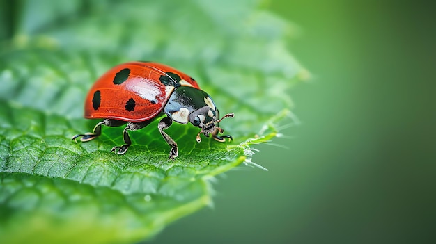 A ladybug is sitting on a green leaf The ladybug is red with black spots The leaf has a raindrop on it The background is green and out of focus