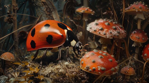 Photo a ladybug is surrounded by other bugs