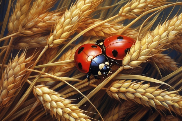 A ladybug is among the wheat.