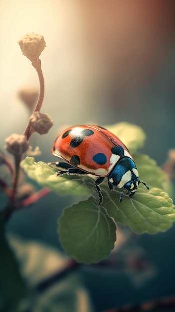 A ladybug on a leaf with the sun shining through the background