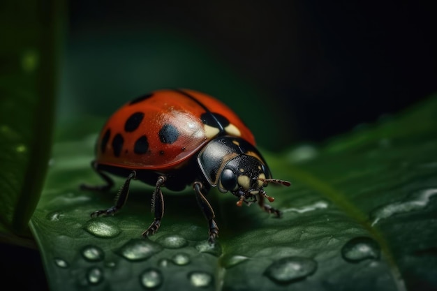 A ladybug on a leaf with water droplets on it