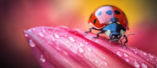 Photo ladybug on a petal with dewdrops