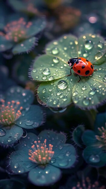 a ladybug on a plant with water drops