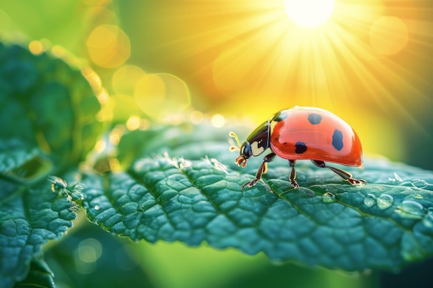 Ladybug Resting on Green Leaf