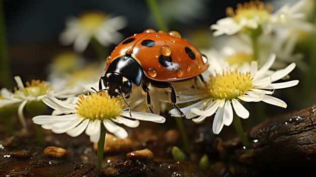 A ladybug rests on a spring flower a slice of natures beauty