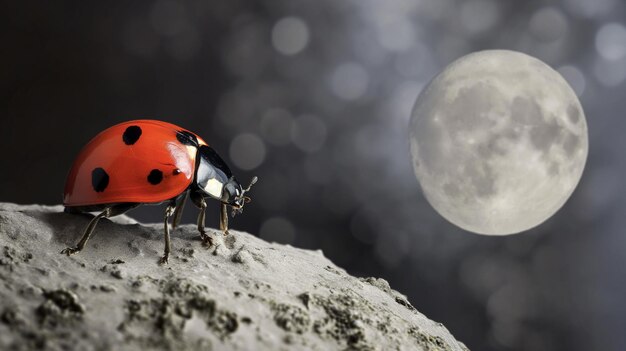 ladybug on a rock in the moonlight 3d illustration