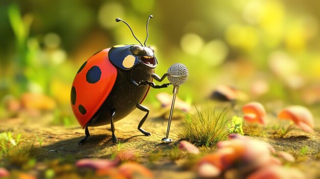 Photo ladybug singing with a microphone