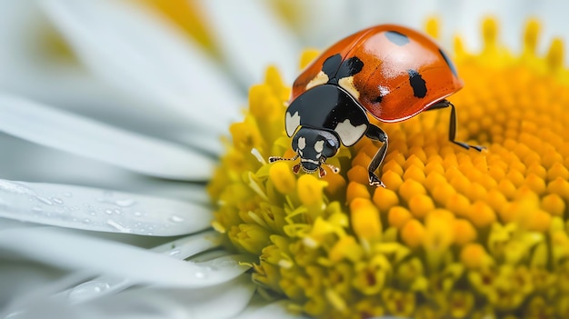 A ladybug sits on a daisy The ladybug is red with black spots The daisy has white petals and a yellow center The ladybug is looking at the camera