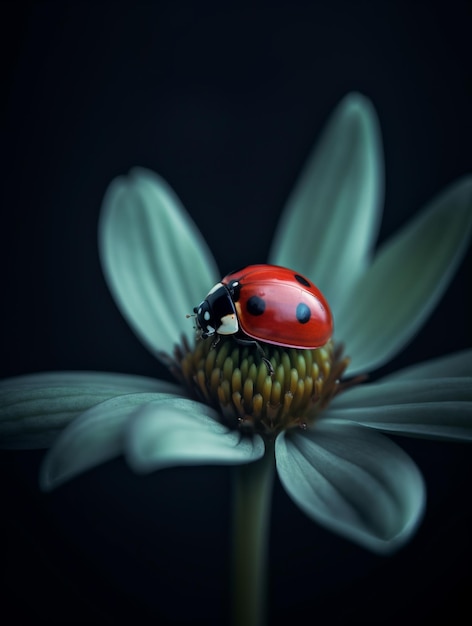 A ladybug sits on a flower with a dark background.